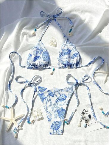 SweatyRocks Women's Random Printed Bikini Set Shell Halter String Thong Bathing Suits Swimsuits in Saudi Arabia