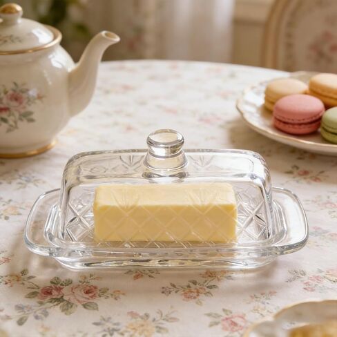8''Glass Butter Dish with Lid,Clear Crystal Butter Container with Embossed Pattern,Cute Butter Dish for Countertop,Refrigerator,Dishwasher Safe in Saudi Arabia