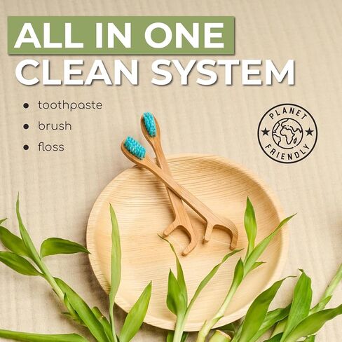 Brushee - 12 Pack Bamboo Toothbrushes Kit - 3-in-1 Travel Toothbrush with Flosser - Soft Eco-Friendly Disposable Toothbrushes with Toothpaste Fresh Mint Flavored - Individually Wrapped for Travel in Kuwait