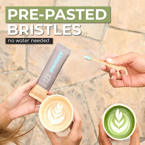 Brushee - 12 Pack Bamboo Toothbrushes Kit - 3-in-1 Travel Toothbrush with Flosser - Soft Eco-Friendly Disposable Toothbrushes with Toothpaste Fresh Mint Flavored - Individually Wrapped for Travel in Kuwait