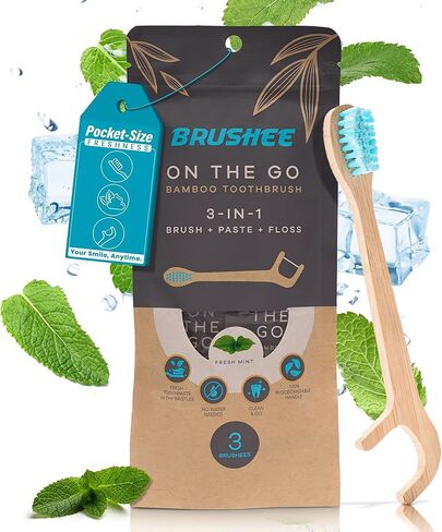 Brushee - 12 Pack Bamboo Toothbrushes Kit - 3-in-1 Travel Toothbrush with Flosser - Soft Eco-Friendly Disposable Toothbrushes with Toothpaste Fresh Mint Flavored - Individually Wrapped for Travel in Kuwait