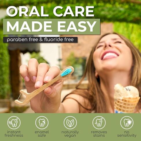 Brushee - 12 Pack Bamboo Toothbrushes Kit - 3-in-1 Travel Toothbrush with Flosser - Soft Eco-Friendly Disposable Toothbrushes with Toothpaste Fresh Mint Flavored - Individually Wrapped for Travel in Kuwait