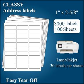 (100 Sheets, 3000 Labels) Sticker Paper, 1" x 2 5/8" Shipping Address Labels, 30 Per Page Self Adhesive Mailing Label for Laser and Inkjet Printers in Kuwait