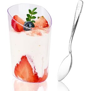 Hiasobre 50 Pack Plastic Dessert Cups with Spoons, 3 oz Clear Mini Parfait Appetizer Cups, Reusable Slanted Triangle Shooter Serving bowls for Tasting, Small Dessert Shot Glasses in Saudi Arabia