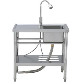 29.5"x15.7"x29.5" Stainless Steel Utility Sink, Freestanding Single Bowl with Pull-Out Faucet, S-Hooks, Storage Shelf, Adjustable Legs for Laundry Room, Garage in Kuwait