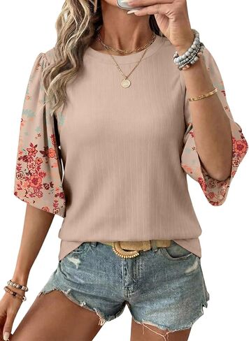EVALESS 3/4 Length Sleeve Womens Tops Dressy Casual Blouses Floral Print Crewneck Patchwork Shirts 2026 Spring Outfits in Saudi Arabia