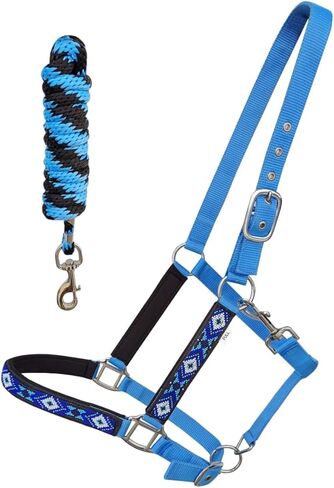 CHALLENGER Nylon Horse Beaded Halter Nickle Plated Hardware w/Lead Rope Tack Blue 606175SB in Saudi Arabia