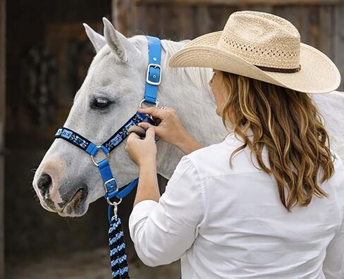 CHALLENGER Nylon Horse Beaded Halter Nickle Plated Hardware w/Lead Rope Tack Blue 606175SB in Saudi Arabia