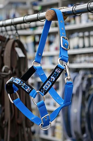 CHALLENGER Nylon Horse Beaded Halter Nickle Plated Hardware w/Lead Rope Tack Blue 606175SB in Saudi Arabia