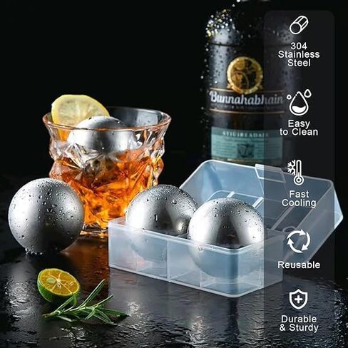 2Pcs XL Stainless Steel Whiskey Balls, Metal Reusable Ice Cubes, 2.2"/55mm Round Ice Balls for Whiskey Beverage Chiller Stones Rocks, Gifts for Men Husband Birthday in Saudi Arabia