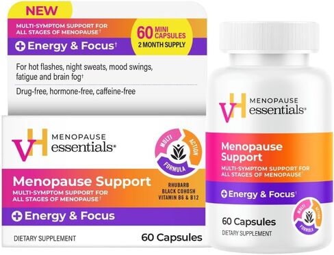 vH Essentials دعم الطاقة والتركيز في فترة انقطاع الطمث - 60 كبسولة - دعم متعدد الأعراض لجميع مراحل انقطاع الطمث: الهبات الساخنة، والتعرق الليلي، وتقلب المزاج، والتعب وضباب الدماغ in Kuwait