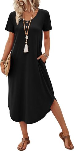 OFEEFAN Summer Dresses for Women 2026 Casual Midi Dresses Beach Vacation Outfits Tshirt Dress with Pockets Resort Wear in Saudi Arabia