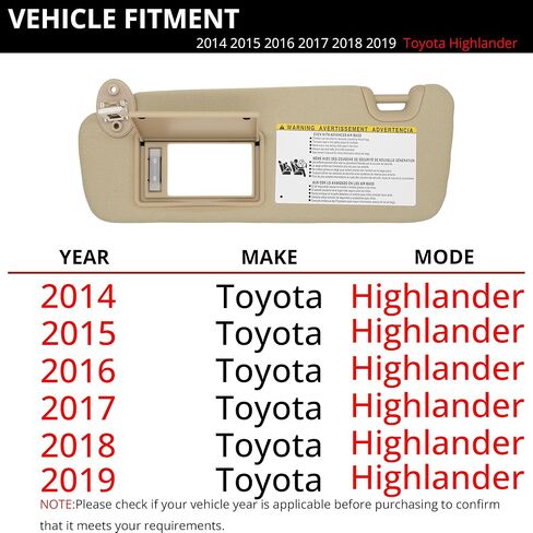 واقي من الشمس يناسب 2014-2019 Toyota Highlander الجانب الأيسر للسائق مع استبدال الضوء # 74320-0E074-B0 رمادي in Kuwait