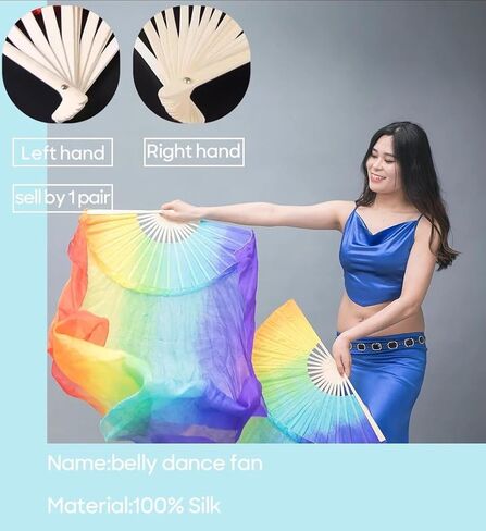 Women 150 * 90cm 1 Pair (Left+Right) Silk Belly Dance Fans Veil Belly Dancing Fans Silk Bamboo Fans Veils Colorful Belly Dancing Fans for Woman Dancer Art Show in Saudi Arabia