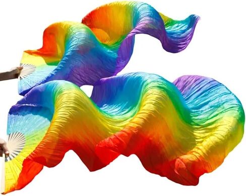 Belly Dance Silk Veil Fans, 1 Pair (Left+Right) Real Silk Bamboo Long Fans Veils, Rainbow Belly Dancing Long Folding Fans Length 150 cm Width 90 cm, Dance Performance in Saudi Arabia