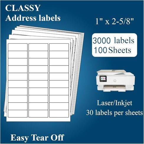 (100 Sheets, 3000 Labels) Sticker Paper, 1" x 2 5/8" Shipping Address Labels, 30 Per Page Self Adhesive Mailing Label for Laser and Inkjet Printers in Kuwait