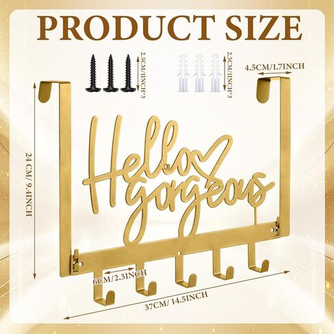 Sieral "Hello Gorgeous Over The Door Hook Rack – Gold Decorative Towel Hanger with Hooks, No Drill Wall Mount for Bathroom Bedroom Entryway, Fits Doors 1.4"–1.8" Thick in Saudi Arabia