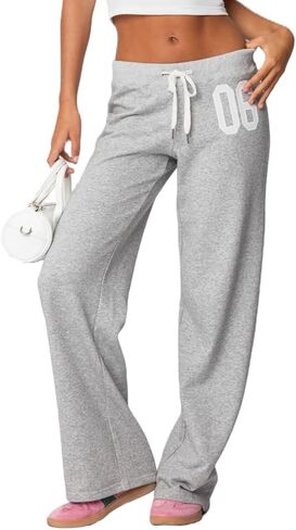 Women Low Rise Baggy Sweatpants Y2k Number Graphic Wide Leg Drawstring Loose Joggers Athletic Straight Lounge Pants in Saudi Arabia
