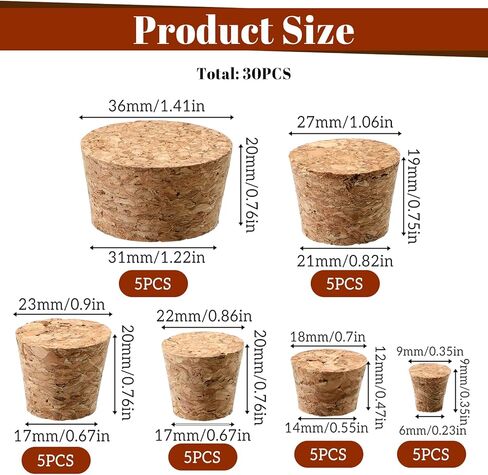 30 PCS Cork Stoppers Assorted Sizes Corks for Wine Bottles for Crafts Natural Corks Wooden Cork Plugs Tapered for Wine Beer Bottles DIY Crafts in Saudi Arabia
