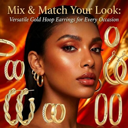 Gmai 9 Pairs 14K Gold Hoop Earrings for Women Gold Plated Brass Chunky Huggie Earrings,Nickel-Free Lightweight Multi-Styles for Daily Wear, Dates, Parties, Casual, Holidays, Birthdays in Saudi Arabia