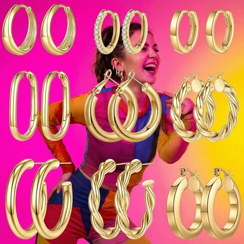 Gmai 9 Pairs 14K Gold Hoop Earrings for Women Gold Plated Brass Chunky Huggie Earrings,Nickel-Free Lightweight Multi-Styles for Daily Wear, Dates, Parties, Casual, Holidays, Birthdays in Saudi Arabia