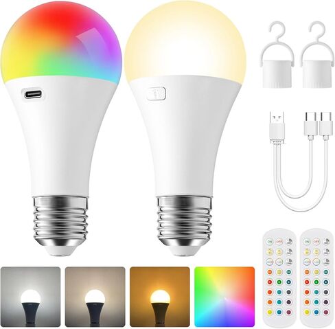 2Pack E26 Rechargeable Light Bulbs with Remote, A19 40W Equivalent Bulb, Soft Warm White 2700K, 400LM Dimmable 5W LED Light Bulb with 15 Colors 3 Timer for Non-Wired Lamp Sconce, Touch, Remote Control in Saudi Arabia