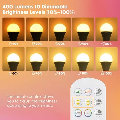 2Pack E26 Rechargeable Light Bulbs with Remote, A19 40W Equivalent Bulb, Soft Warm White 2700K, 400LM Dimmable 5W LED Light Bulb with 15 Colors 3 Timer for Non-Wired Lamp Sconce, Touch, Remote Control in Saudi Arabia