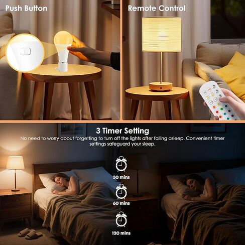 2Pack E26 Rechargeable Light Bulbs with Remote, A19 40W Equivalent Bulb, Soft Warm White 2700K, 400LM Dimmable 5W LED Light Bulb with 15 Colors 3 Timer for Non-Wired Lamp Sconce, Touch, Remote Control in Saudi Arabia