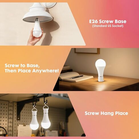 2Pack E26 Rechargeable Light Bulbs with Remote, A19 40W Equivalent Bulb, Soft Warm White 2700K, 400LM Dimmable 5W LED Light Bulb with 15 Colors 3 Timer for Non-Wired Lamp Sconce, Touch, Remote Control in Saudi Arabia