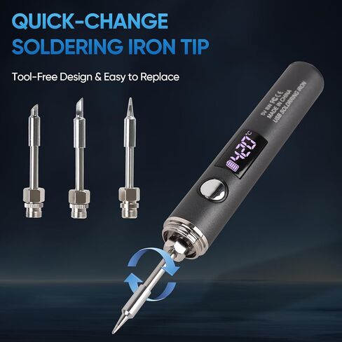 Cordless Soldering Iron Kit, Rechargeable USB-C Soldering Pen with OLED Screen, Portable Battery Powered Solder Iron for Electronics Repair, Includes 3 Tips & Lead-Free Solder Wire in Saudi Arabia