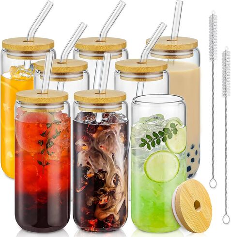 SENTVEND 20 Oz Drinking Glasses with Bamboo Lids and Glass Straw - 8 Pcs Glass Cups Beer Ice Coffee Glasses Cute Aesthetic Cup Great for Coffee Bar Accessories Include 2 Cleaning Brushes in Saudi Arabia