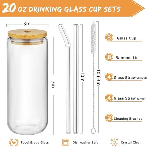 SENTVEND 20 Oz Drinking Glasses with Bamboo Lids and Glass Straw - 8 Pcs Glass Cups Beer Ice Coffee Glasses Cute Aesthetic Cup Great for Coffee Bar Accessories Include 2 Cleaning Brushes in Saudi Arabia