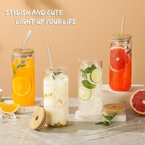 SENTVEND 20 Oz Drinking Glasses with Bamboo Lids and Glass Straw - 8 Pcs Glass Cups Beer Ice Coffee Glasses Cute Aesthetic Cup Great for Coffee Bar Accessories Include 2 Cleaning Brushes in Saudi Arabia