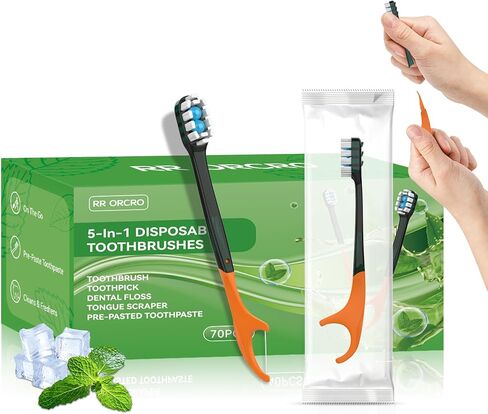 70 فرشاة أسنان للاستعمال مرة واحدة مع معجون أسنان + اختيار + خيط تنظيف الأسنان + مكشطة اللسان 5 في 1 فرشاة أسنان صغيرة للسفر مسبقة اللصق للفندق والتخييم والسيارة للاستخدام الفردي محمولة ملفوفة بشكل فردي | نعناع in Kuwait