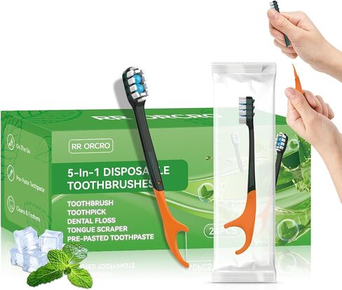 70 فرشاة أسنان للاستعمال مرة واحدة مع معجون أسنان + اختيار + خيط تنظيف الأسنان + مكشطة اللسان 5 في 1 فرشاة أسنان صغيرة للسفر مسبقة اللصق للفندق والتخييم والسيارة للاستخدام الفردي محمولة ملفوفة بشكل فردي | نعناع in Kuwait