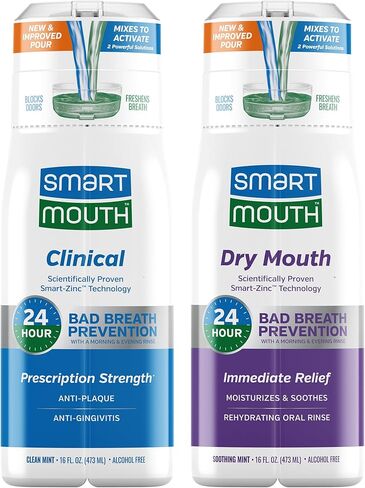 حزمة غسول الفم المنشط بالزنك من SmartMouth Clinical & Dry Mouth - دعم اللثة الصحي وتخفيف جفاف الفم بشكل فوري - نفس منعش فوري - خالي من السكر والغلوتين والكحول - نعناع - 16 أونصة سائلة لكل منهما in Kuwait