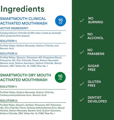 حزمة غسول الفم المنشط بالزنك من SmartMouth Clinical & Dry Mouth - دعم اللثة الصحي وتخفيف جفاف الفم بشكل فوري - نفس منعش فوري - خالي من السكر والغلوتين والكحول - نعناع - 16 أونصة سائلة لكل منهما in Kuwait