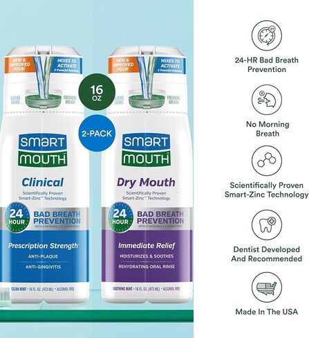 حزمة غسول الفم المنشط بالزنك من SmartMouth Clinical & Dry Mouth - دعم اللثة الصحي وتخفيف جفاف الفم بشكل فوري - نفس منعش فوري - خالي من السكر والغلوتين والكحول - نعناع - 16 أونصة سائلة لكل منهما in Kuwait