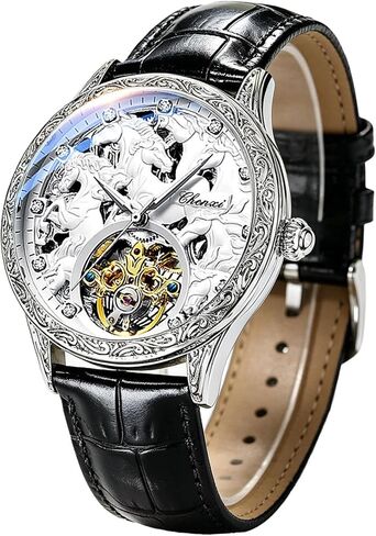 Men's Gold Luxury Tourbillon Watch Tiger Carved Moon Phase Self-Winding Mechanical Automatic Watches Retro Tattoo Skeleton Large Dial Leather Belt Wristwatch in Saudi Arabia