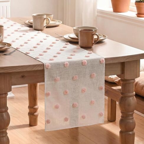 Artoid Mode Pink Blue Yellow Pom Pom Tulle Table Runner, Seasonal Washable Kitchen Dining Table Decoration for Home Party Decor 12x72 Inch in Saudi Arabia