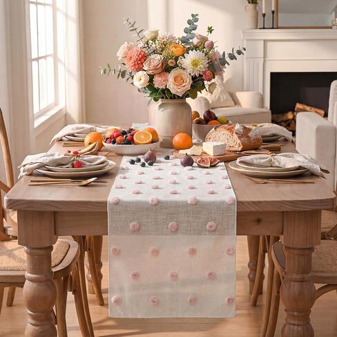 Artoid Mode Pink Blue Yellow Pom Pom Tulle Table Runner, Seasonal Washable Kitchen Dining Table Decoration for Home Party Decor 12x72 Inch in Saudi Arabia