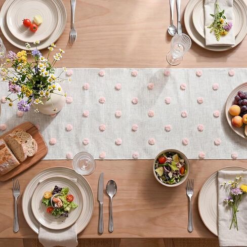 Artoid Mode Pink Blue Yellow Pom Pom Tulle Table Runner, Seasonal Washable Kitchen Dining Table Decoration for Home Party Decor 12x72 Inch in Saudi Arabia