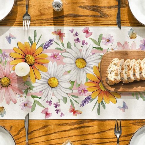 Artoid Mode Pink Daisy Leaves 210 GSM Spring Table Runner, Seasonal Summer Kitchen Dining Table Decoration for Home Party Decor 13x72 Inch in Saudi Arabia