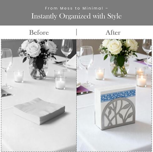 Napkin Holder for Table | Upright Napkin Stand with Decorative Leaf & Branch Design, Modern Metal Napkin Holder for Kitchen, Dining, Café, Office | Rust-Resistant Silver Finish in Saudi Arabia