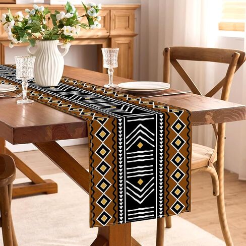 Black History Month African Print Table Runner Kwanzaa Vintage Tribal Traditional Mudcloth Pattern for Dining Room Home Kitchen Island Decor in Saudi Arabia