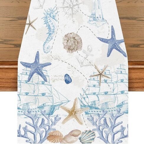 Coastal Nautical Table Runner 13x71 Inch, Blue Teal Beach Theme Kitchen Dining Table Decor for Home Holiday Party in Saudi Arabia