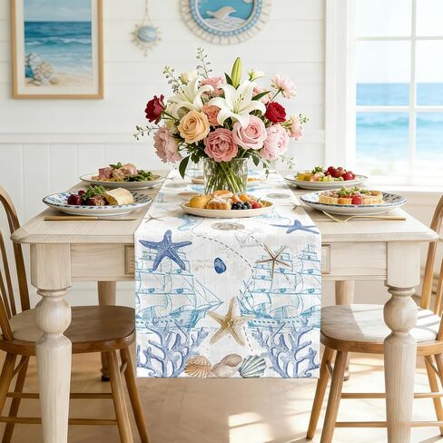 Coastal Nautical Table Runner 13x71 Inch, Blue Teal Beach Theme Kitchen Dining Table Decor for Home Holiday Party in Saudi Arabia