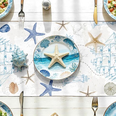 Coastal Nautical Table Runner 13x71 Inch, Blue Teal Beach Theme Kitchen Dining Table Decor for Home Holiday Party in Saudi Arabia