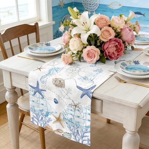 Coastal Nautical Table Runner 13x71 Inch, Blue Teal Beach Theme Kitchen Dining Table Decor for Home Holiday Party in Saudi Arabia