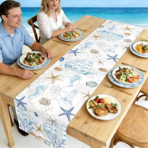Coastal Nautical Table Runner 13x71 Inch, Blue Teal Beach Theme Kitchen Dining Table Decor for Home Holiday Party in Saudi Arabia